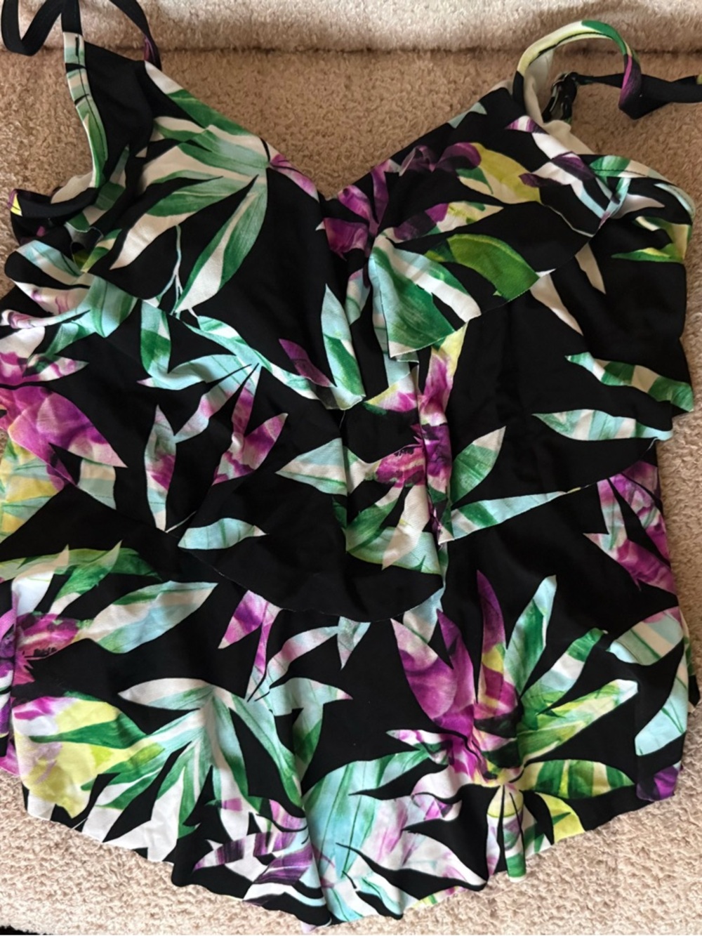 Aqua Green Black Tropical Leaf Print Swim Tankini Top w/ Green & Purple Accents